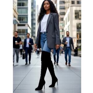 Viva Long Lace-Up Back Black Suede Heeled Boots - Size 10 WOW!!